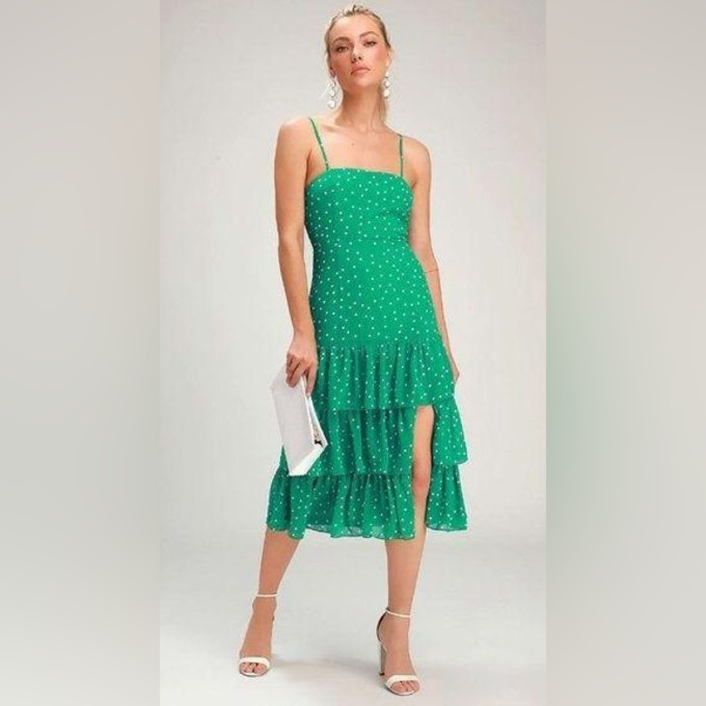 NWT Lulu’s Nellie Green Polka Dot Ruffled Midi Dress Size Large L